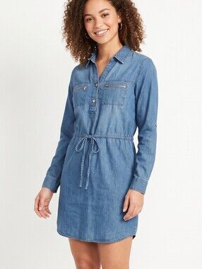 My Style Chambray Tie-Waist Shirt Dress - Blue Sz M